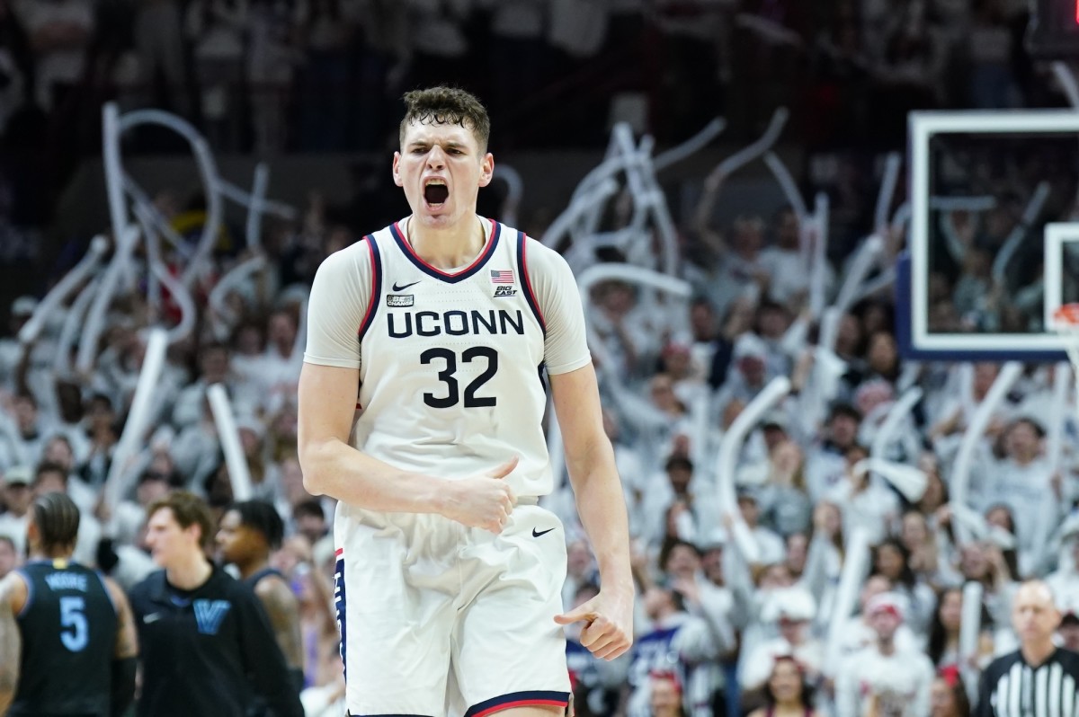 UConn Huskies center Donovan Clingan (32) reacts after timeout is called as they take on the Villanova Wildcats in the second half at Harry A. Gampel Pavilion in Storrs, Connecticut, on Feb. 24, 2024.